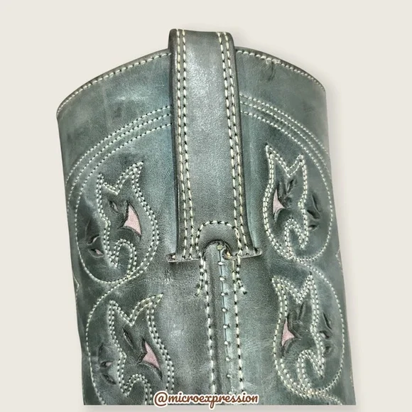 VINTAGE 1980 Frye Austin Campus Green-Blue Leather Floral Embroider Cowboy Boot - Picture 12 of 16